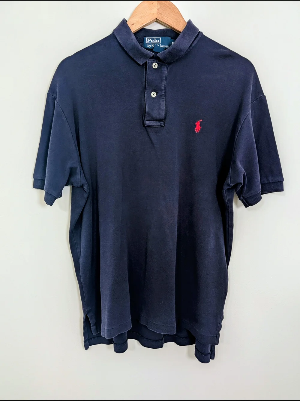 Vintage Polo Ralph Lauren Navy Polo Shirt Red Pony 100% Cotton Men's Medium
